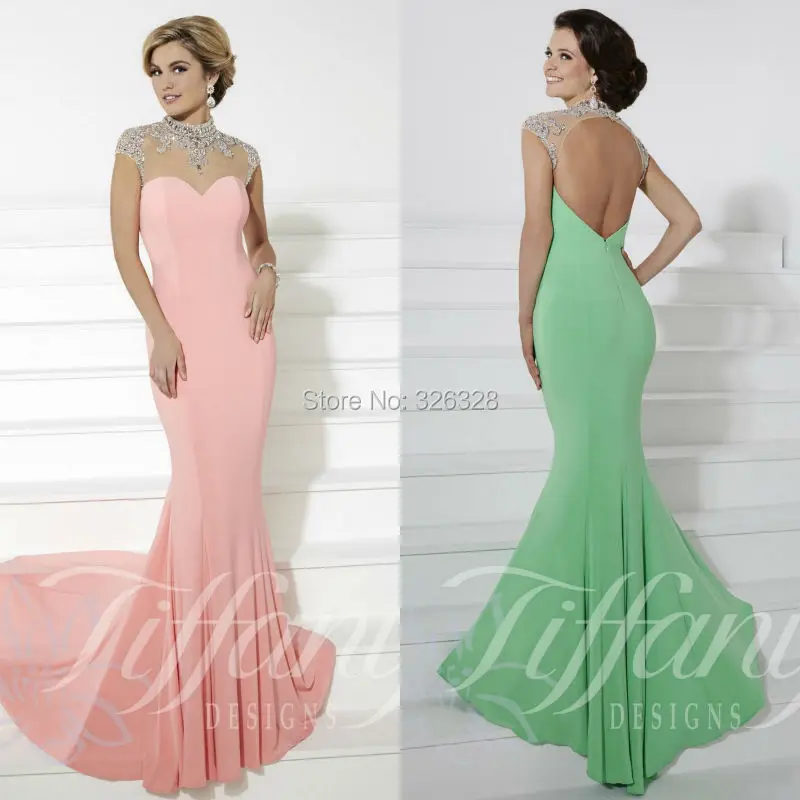2015 Cape Sleeves Prom Dresses High neck Crystal Evening Gowns Mermaid