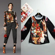 S-XXXXL Angel Fashion Blouse Jacket Long Sleeved Silk Printing Painting Sexy Coat Plus Size Women 2016 And The New summer Runway