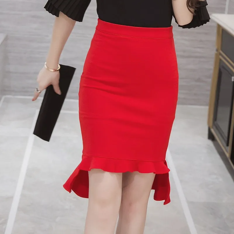 Бандаж большого размера Хорошие эластичные женские юбки сексуальные тонкие оборки асимметричный подол Карандаш Клубная одежда Повседневная официальная одежда черный красный