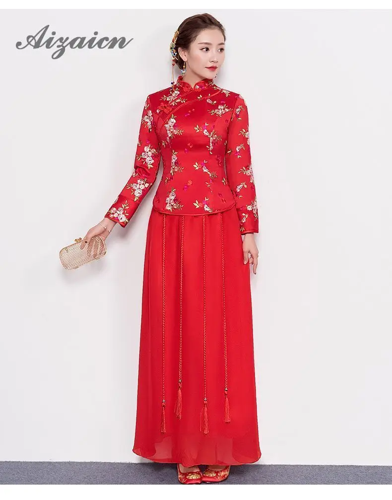 Rojo de novia estilo chino vestido de novia Cheongsam манга larga bordado Qipao vestido tradicional bata Chinoise 2019