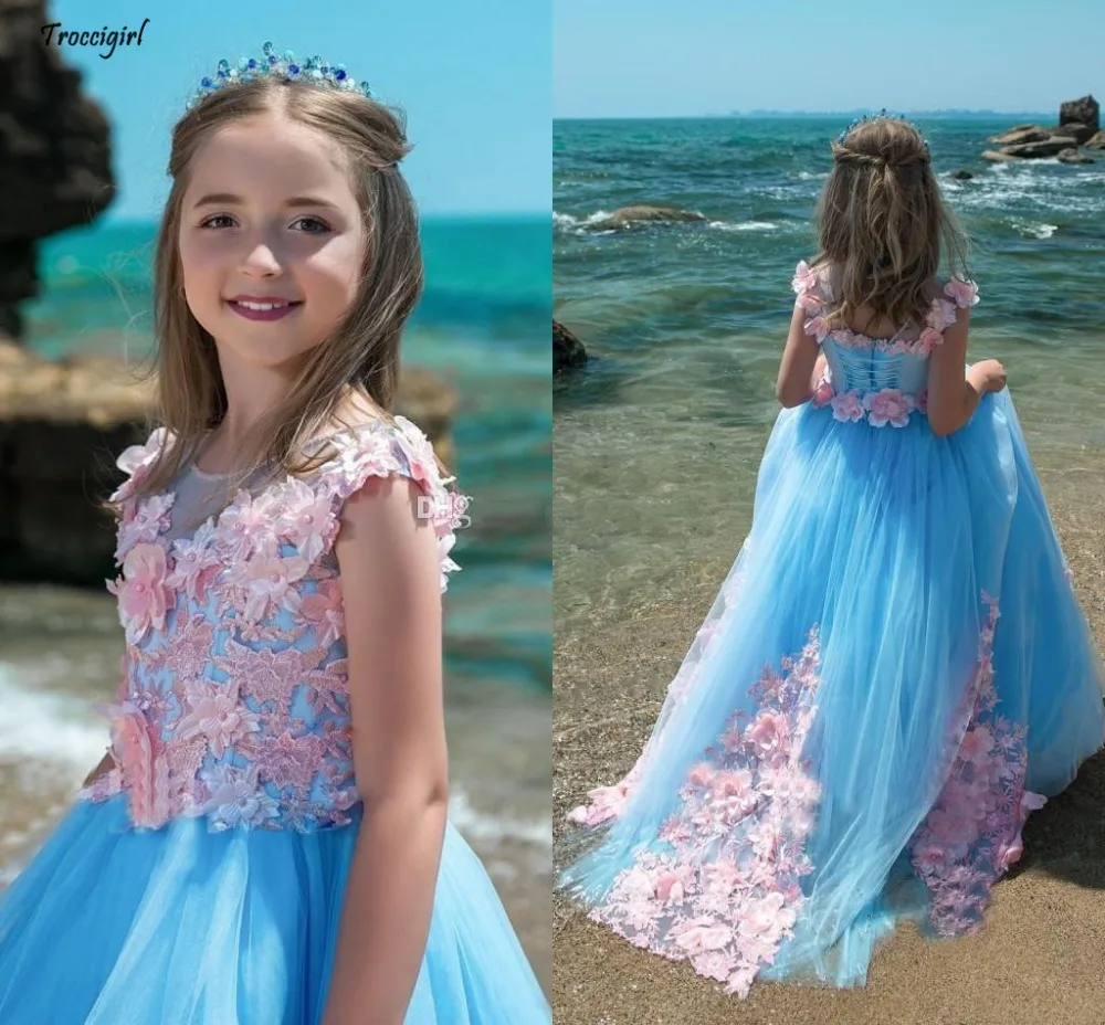 64-1                 Blue Pink Mixed Color Girls Pageant Dresses Sheer Neck Cap Sleeves Flowers Appliques Lace Tulle Ball Gown Flower Girls Dresses Holiday Dress