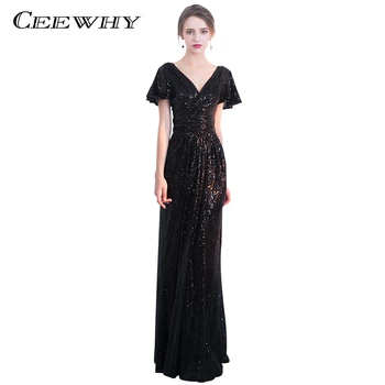 

CEEWHY Ruffle Sleeve Black Dress Plus Size Evening Dress Sequinated Sexy Evening Gown Formal Dress Vestidos de Festa Sequin Gown