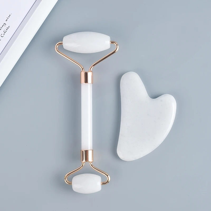 Natural Crystal Roller Gua Sha Set White Jade Acupuntura Massage SPA Therapy Back Head Foot Scraper