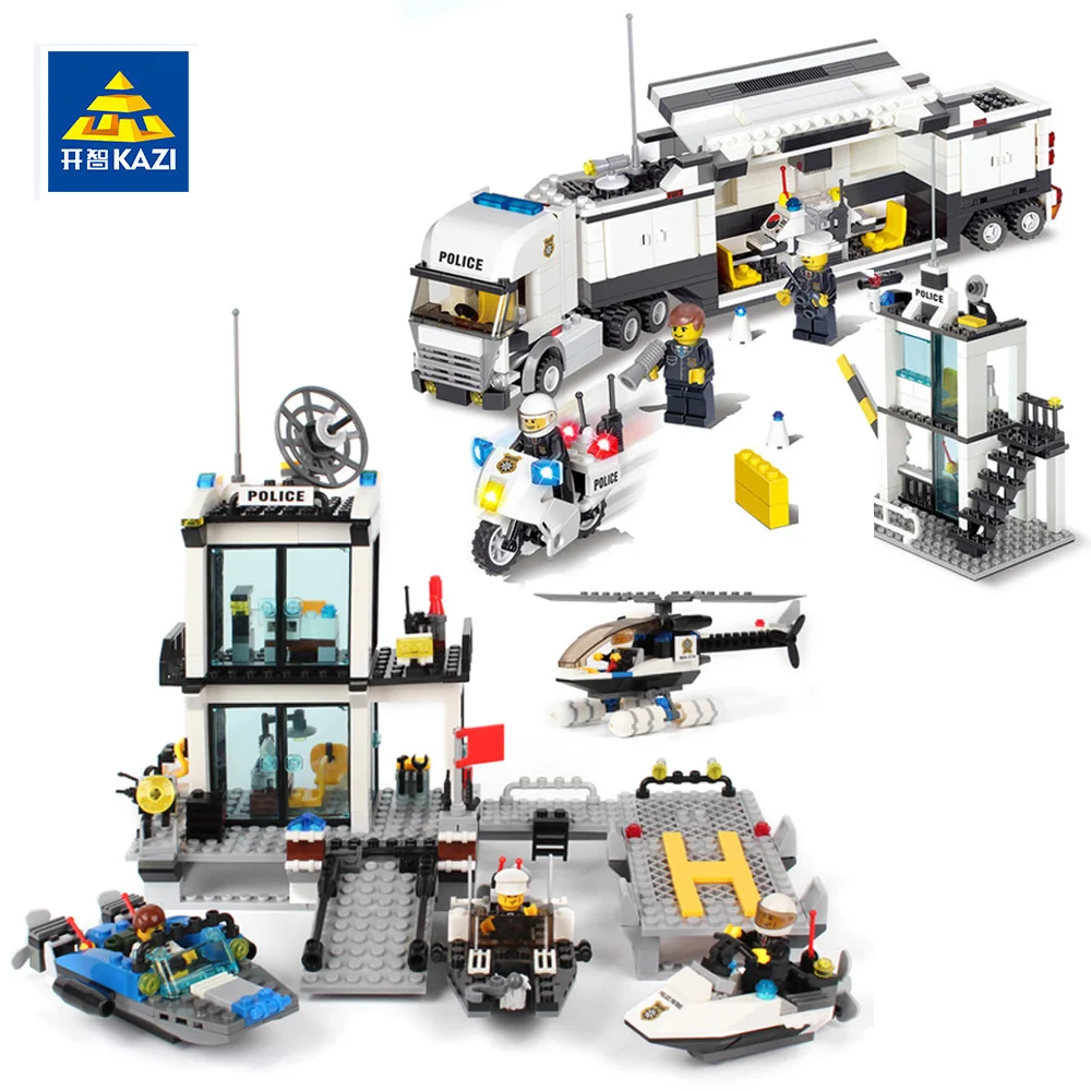

KAZI 6726/6727 Compatible LegoINGlys City Police Station Building Blocks Helicopter Boat Truck Model Action Figures MOC Bricks