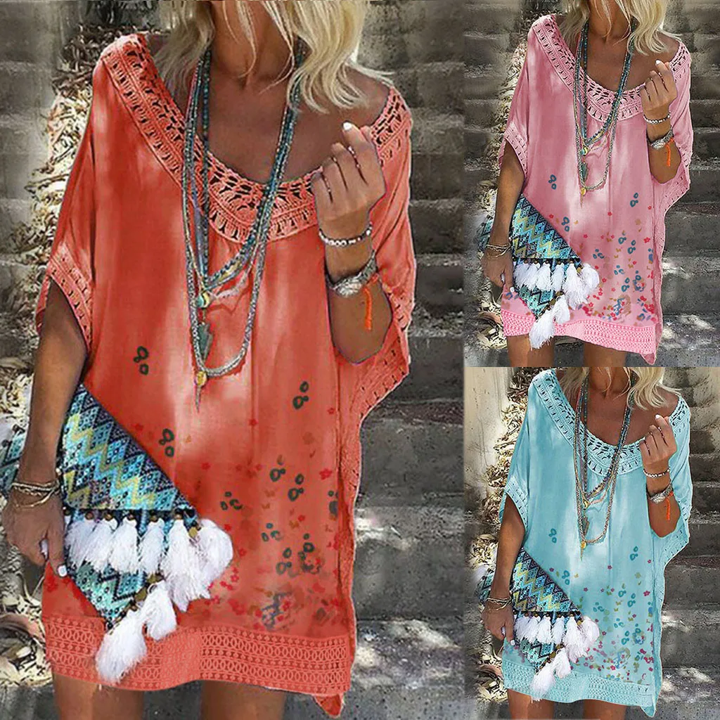 

Vestidos 2019 Women's Dresses Spring Summer Dress Women Print Bat Short Sleeve Low Cut Beachwear Casual Loose Mini Boho Dress