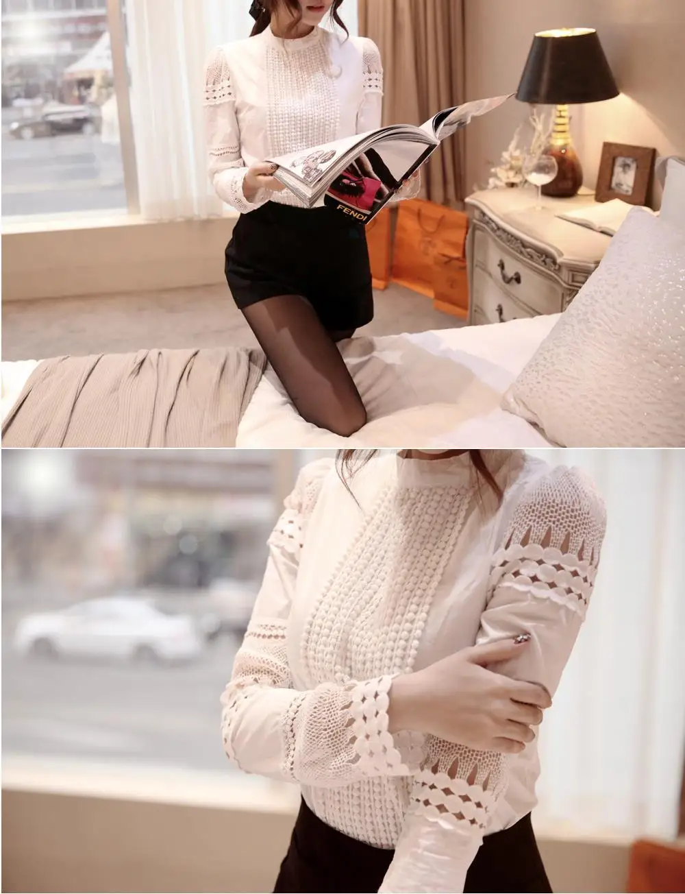 S-5XL Autumn Women's Shirts White Long-sleeved Blouses Slim Basic Tops Plus Size Hollow Lace Shirts Female High Quality J2531 14