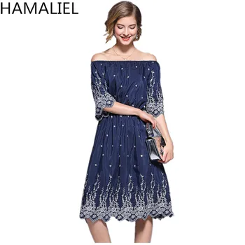 

HAMALIEL Plus Size Off Shoulder Women Dress Summer Half Sleeve Blue Embroidery Floral Casual Slim Slash Neck Dress Vestidos