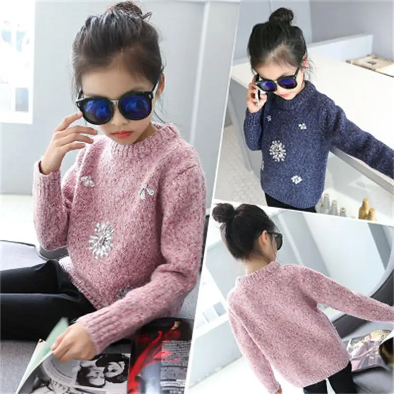 

2018 Spring and Autumn Girls Girls Big Korean Fashion Trends Round Neck Solid Color Beaded Sweater