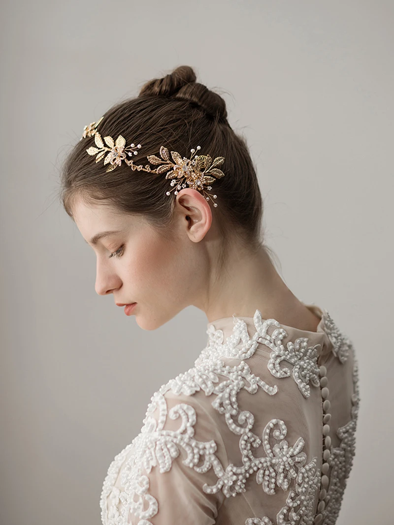 Модные Золотые листья тиара Свадебные украшения для головы свадебные аксессуары для волос ручной работы винтажные жемчужные тиары головной убор для девочек