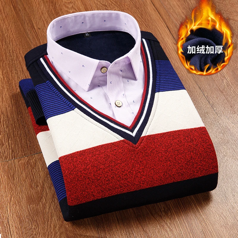2018 Winter New Fashion Plush Thick Long Sleeves Fake Two Pieces Weather Male Young Korean Warm Shirt Collar Knitted Outwear