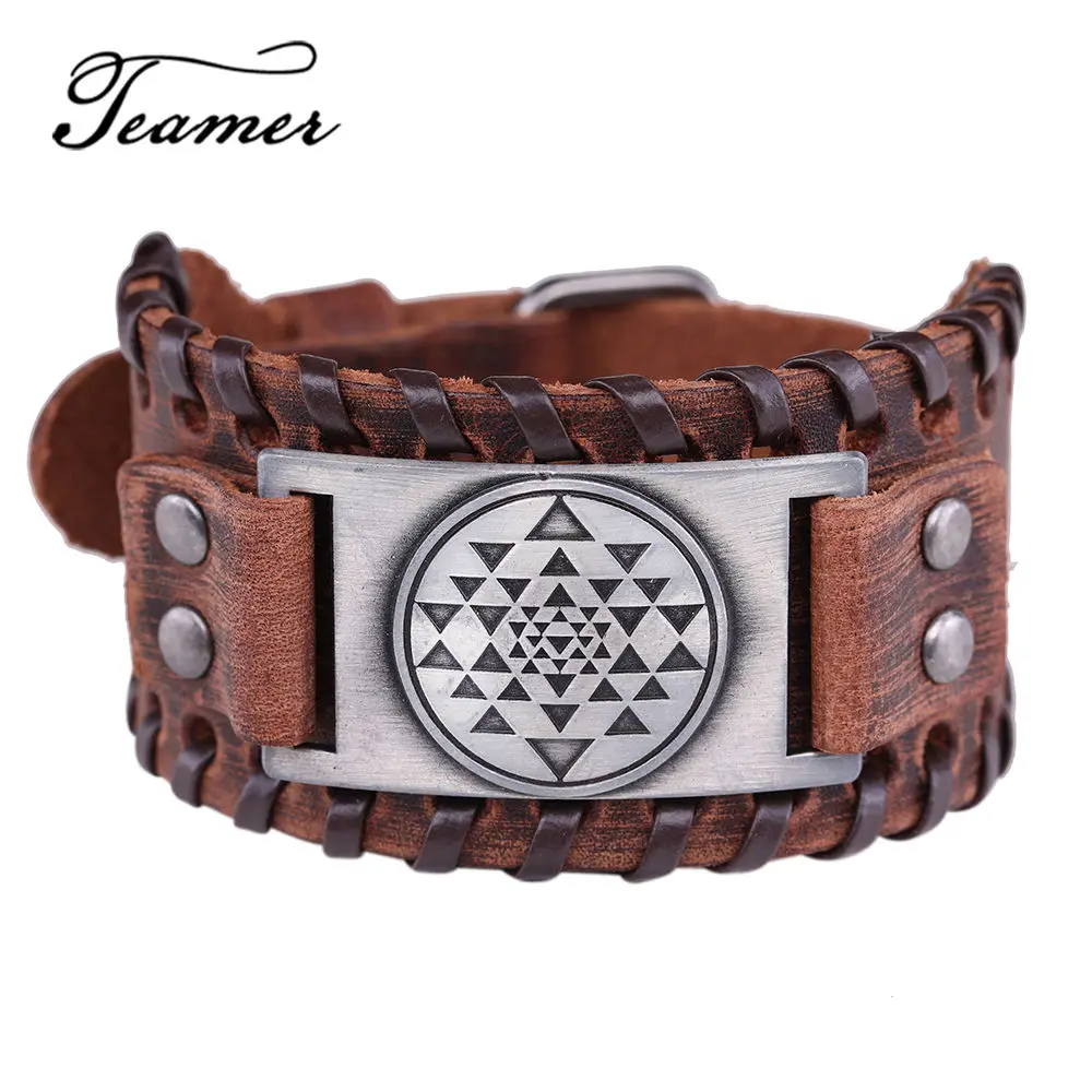 

Teamer Antique Silver Copper Bronze Metal Bracelets Black Brown Wide Leather Bracelet Vintage Triangle In Round Charm Bracelet