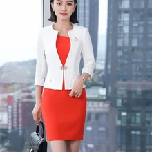 Мода белый блейзер Для женщин Бизнес костюмы платье и куртки набор Половина рукава женские офисные Повседневная обувь униформа