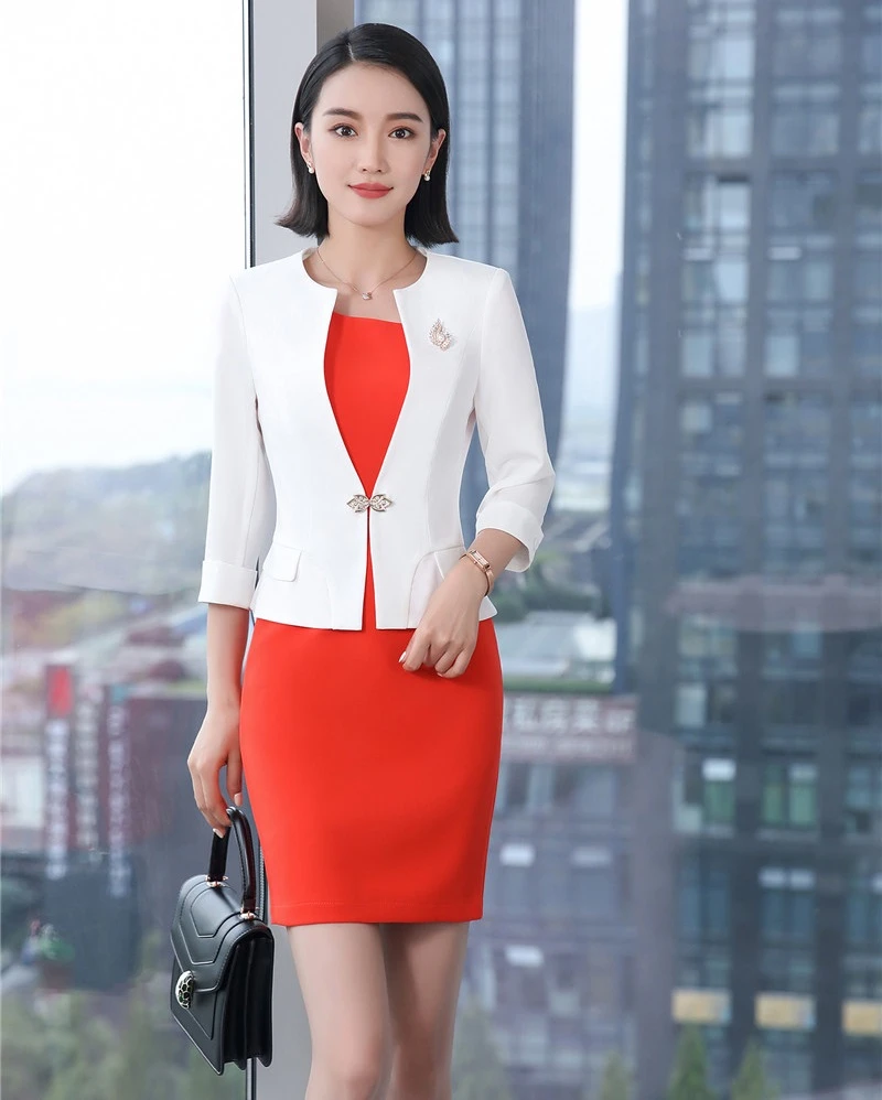 red dress white blazer