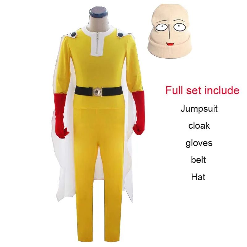Coshome One Punch Man Cosplay Costumes Saitama Cosplay Jumosuits+Cloak+Belt+Hat+Gloves Full Set for Halloween Party (2)