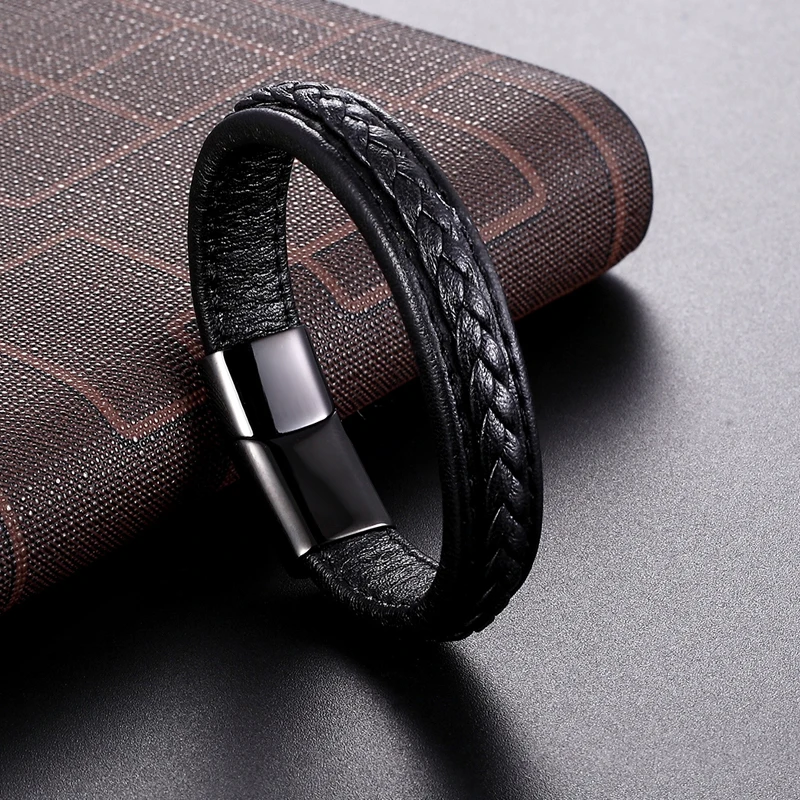 

MINIMALISM Unisex bracelet cuff Stainless steel leather braid bracelet 21 color /8 size fashion gift golden magnetic clasp male