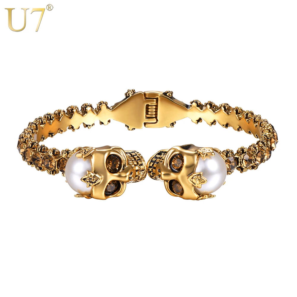 

U7 Vintage Skull Skeleton Bangle Bracelet With Brown/Clear Rhinestones Men Fashion Jewelry Bracelets Rock Punk Style H1060