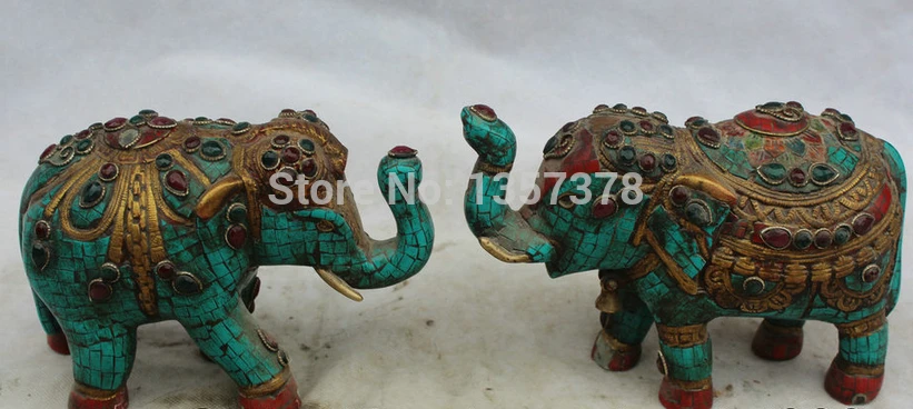 

shitou 00532 8" Chinese turquoise Red Coral 24K Gold Gilt Folk elephant Statue sculpture Pair
