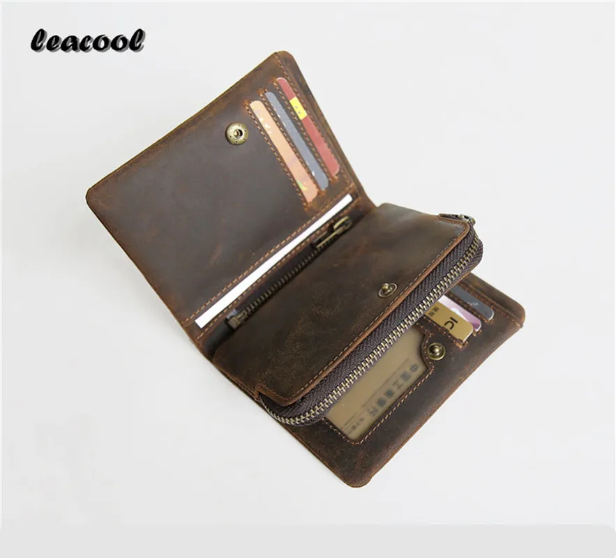 LEACOOL Top Genuine Leather Men Wallet Removable Card & ID Holder Driving License Short Bifold ...