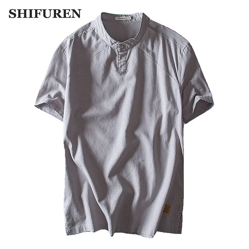 

SHIFUREN 2018 Summer Causal Shirts Men Short Sleeve Loose Thin Breathable Cotton Linen Shirts Tops Stand Collar Asian Size M-3XL