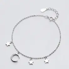 Милые женские настоящие. 925 стерлингового серебра ювелирные изделия полированный полумесяц и прозрачный белый кубический цирконий цепочка со звездами браслет GTLS499