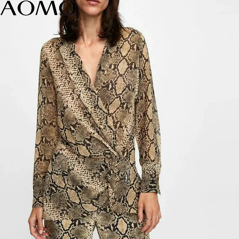 AOMO 2018 autumn snake shirts top for women v neck long