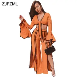 ZJFZML Элегантный комплект из двух предметов для женщин V средства ухода за кожей шеи длинными расклешенными рукавами укороченный топ +
