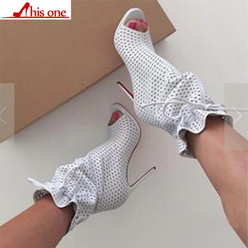 

2019 Sexy Ladies Small Perforation Bandage Summer Boots Gladiator Thin Heels Mid Calf Boots Peep Toe Lace Up Mujer Botas Zapatos