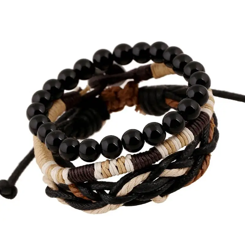 Qevila 3pcs Vintage Charm Multilayer Braided Bracelet Handmade Braided Bead Bracelet Bangle for Women Men Bracelet Jewerly Gift (3)