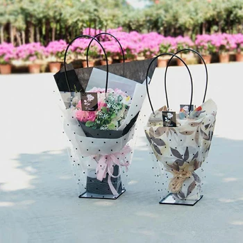 

100pcs/lot Florist Decoration Long Tote Bag Flower Bouquet Bagging Portable Transparent round dot Gift Bag 4 Size