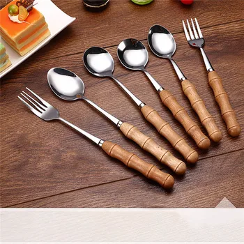 

1PC Creative Bamboo Wooden Handle Stainless Steel Upscale Cutlery Fork Spoon Kitchen Tool Utensilio De Cozinha Criativos 40JUL8