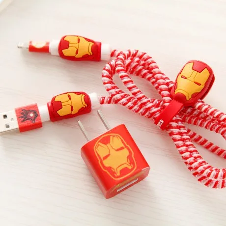 Супергерой Мстители Железный человек защита для usb-кабеля набор с мультяшными наклейками USB зарядное устройство кабель шнур протектор для iphone