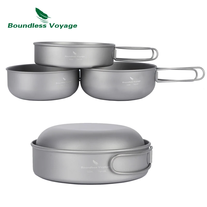 Goede Grenzeloze Voyage 3 stuks Titanium Kom Sets Outdoor Picknick Kookgerei Camping Ultralight Koken Pan met Inklapbare Handgreep