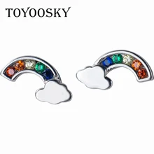 TOYOOSKY 925 Твердые ювелирные изделия из настоящего стерлингового серебра красочные CZ 5 мм X 12 мм радужные серьги-гвоздики для женщин подростков девушка друг ребенок
