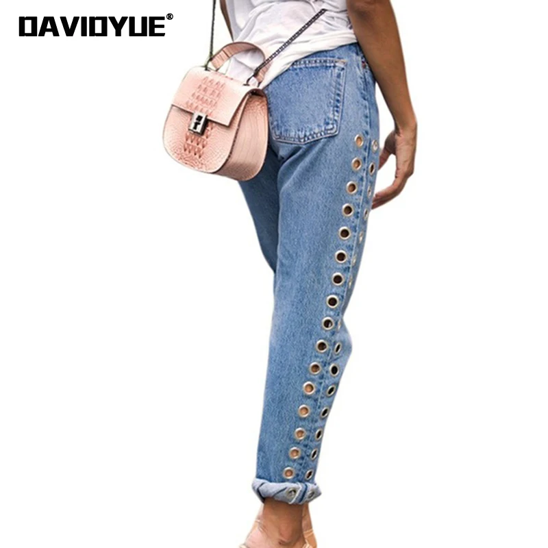 

2019 Fashion Rivets Ripped High Waist Jeans Woman Straight Eyelet Boyfriend Denim Pants Street cotton punk rock Women Jeans
