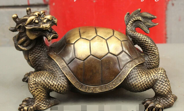 

007942 Folk Chinese Bronze Copper FengShui Wealth Longevity Dragon Head Turtle Statue