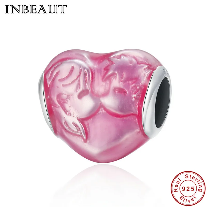 

INBEAUT 925 Sterling Silver Pink Enamel Lovely Girl and Boy Kiss Carved Love Heart Beads fit Pandora Charm Bracelet Lover Gift