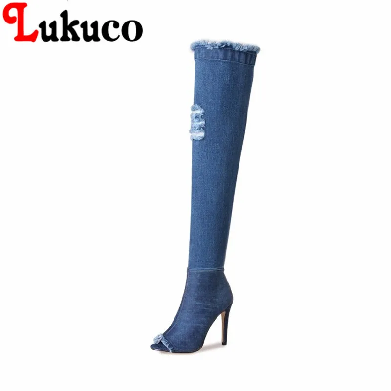 

2018 fashion style high quality Denim Peep Toe Thin Heels Over-the-Knee boots size 36 to 43 shoes real pictures free shipping