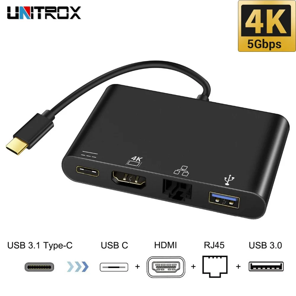 

4 in 1 USB C to HDMI 4K Port USB 3.0 Hub Thunderbolt 3 dock with Lan RJ45 Network and Type-c PD Charge Port Adapter For HDTV PC