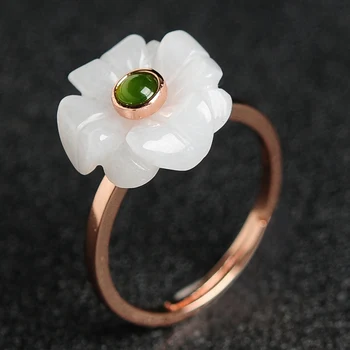 

925 silver inlaid natural A goods Emerald Bauhinia ring Burmese Jade belt jasper Women Jade Ring