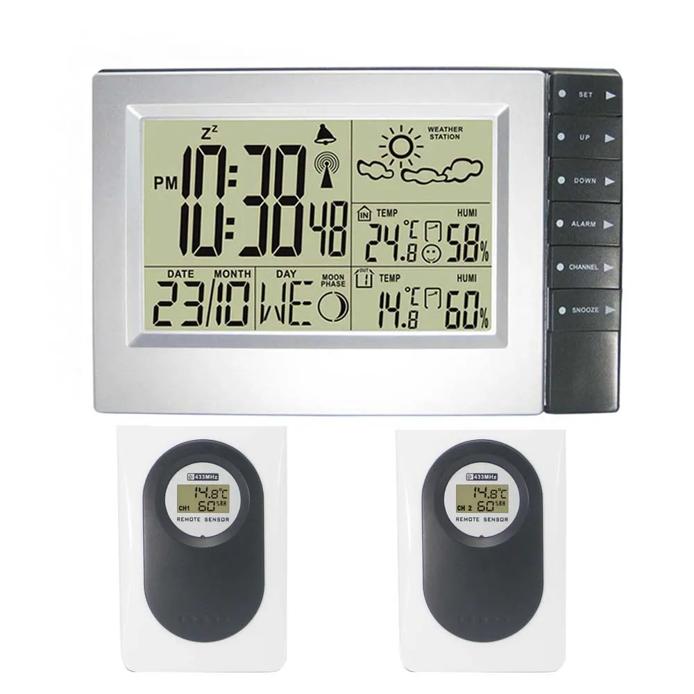 

RF Wireless Weather Station LCD Indoor Outdoor Temperature Humidity Meter Sensor Hygrometer Clock Digital Thermometer 2 sensors