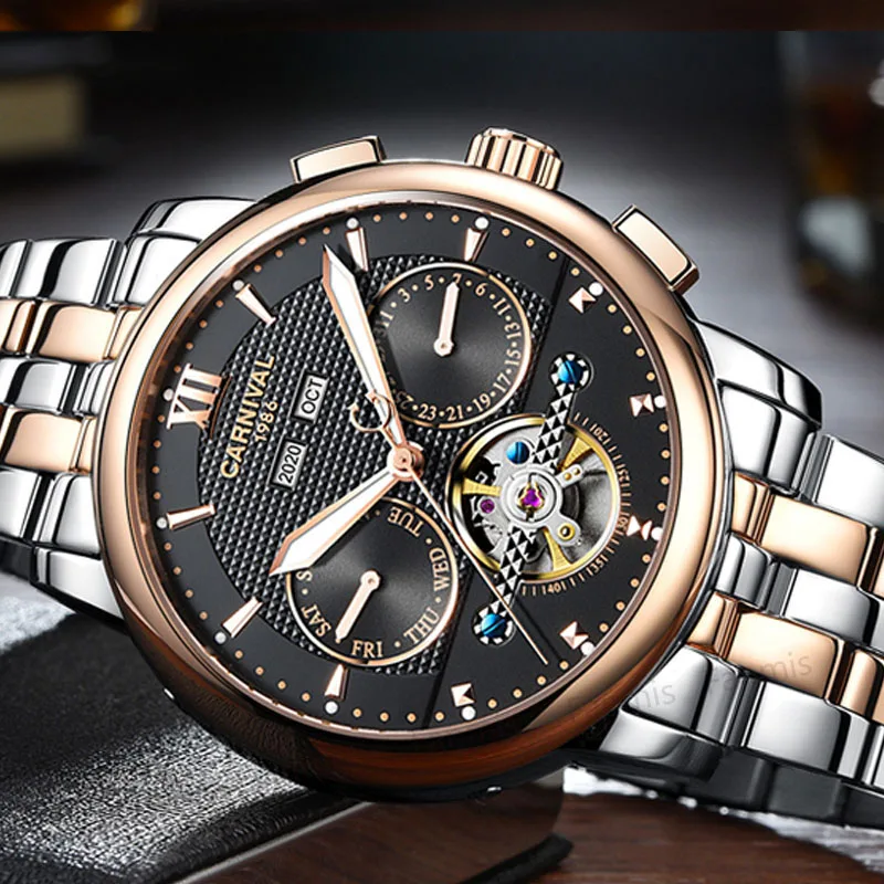 Классический карнавал полые механические часы Для мужчин Tourbillon Day Date