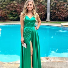 Hunter Green A-Line Выпускные платья с v-образным вырезом без рукавов с разрезом спереди длинные Vestido De Fiesta De Graduacion платья с открытой спиной на выпускной