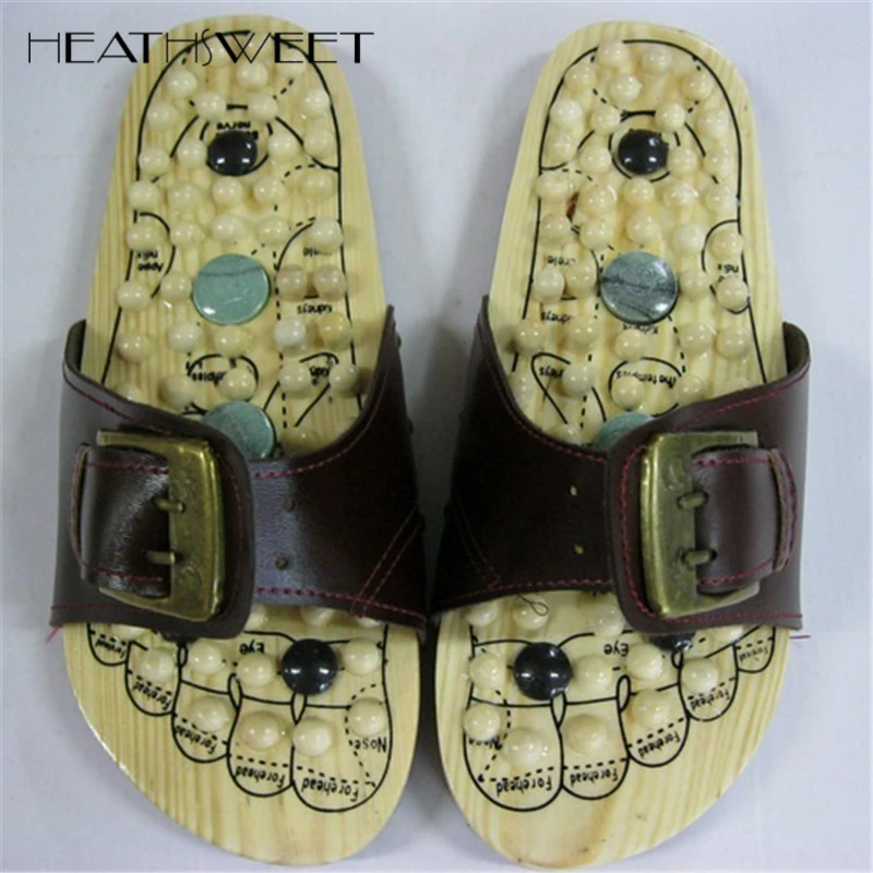 Healthsweet 1 Pair Wooden Base Acupunture Foot Massage Slippers Shoes Reflexology Natural Stone Acupoint Foot Massager Slipper