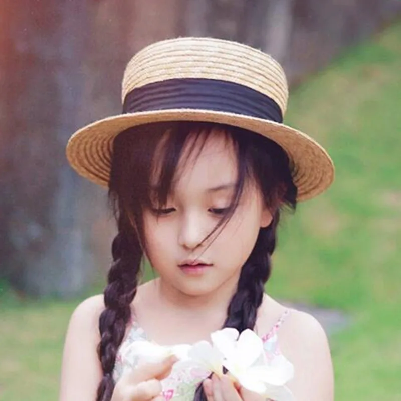 MAERSHEI Summer women straw hat Parent-child sun hat Kids Large Brim Beach caps Boater Beach Ribbon Round Flat Top fedora