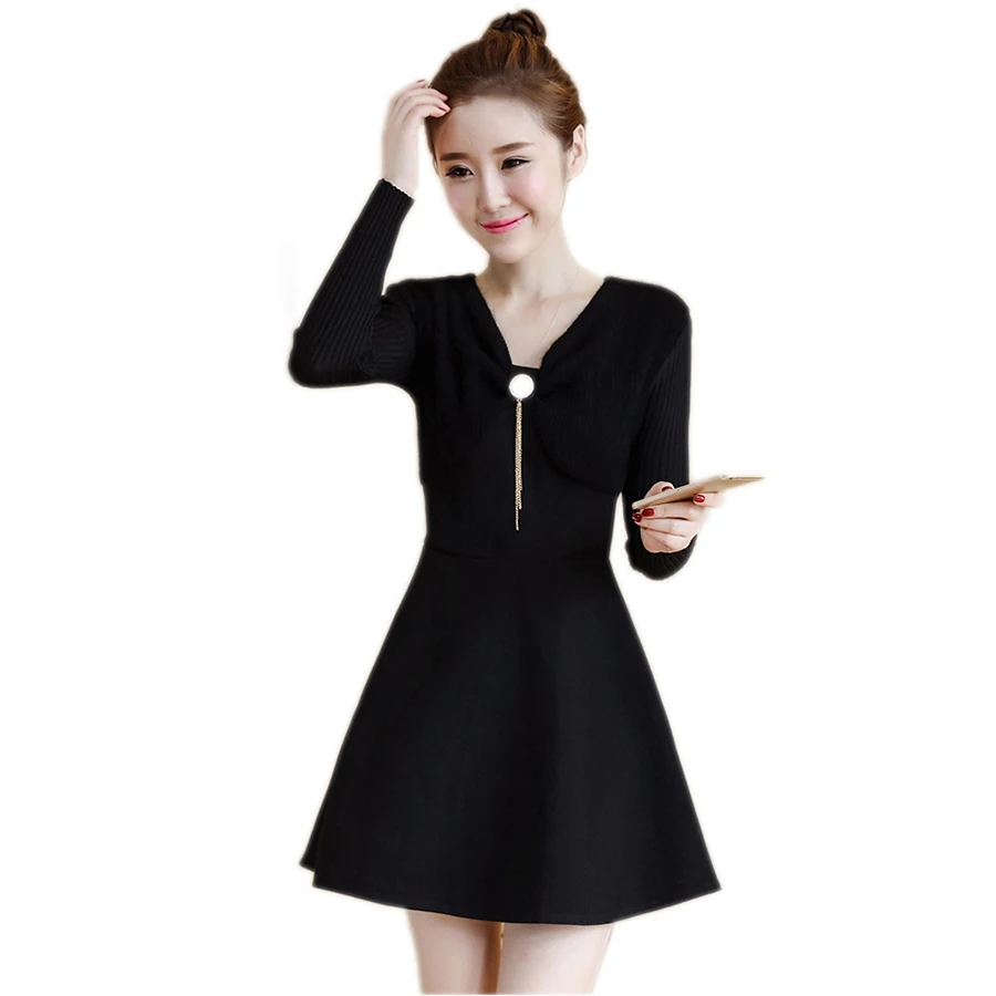 

Korean Velvet Cute Dress V Neck Waist Lolita Big Size Sequin Dress Knitted Warm Fashion Christmas Business Casual Woman P5C1009