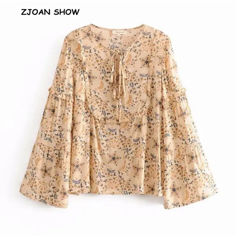 Bohemian Wood Ears Reffles Lace Up V neck Star Floral Print Flare Sleeve Shirt Beige Holiday Women Stream Pullover Blouse Tops |