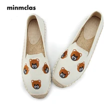 Новая мода вышивка медведь удобные женские повседневные эспадрильи дышащая льняная конопляная парусиновая обувь для девочек