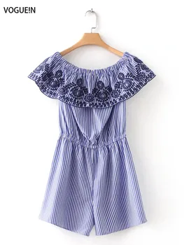 

VOGUEIN New Womens Summer Slash Neck Striped Floral Embroidery Playsuit Jumpsuit Wholesale