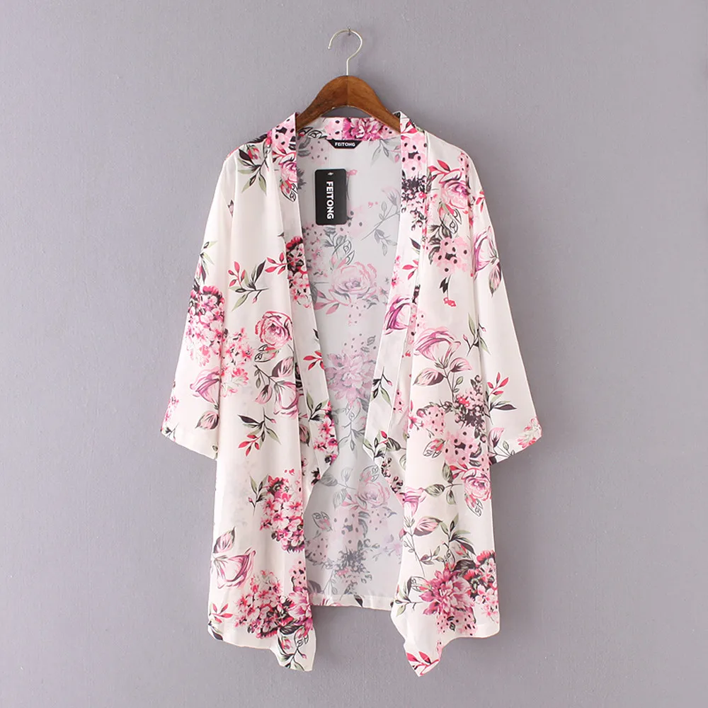 Women Print Chiffon Loose Shawl Cardigan Top Cover up Blouse Beach