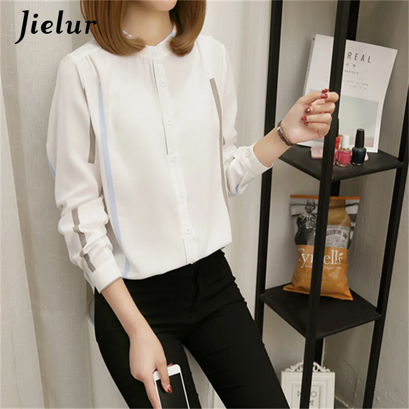 Jielur Long Sleeve Shirt Blue Striped Shirt Womens Tops Blouses 2019 New Autumn Blouse Femme Button S-XL White